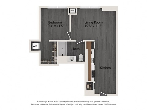 Floor plan for 1 bed, 1 bath, 671 sqft